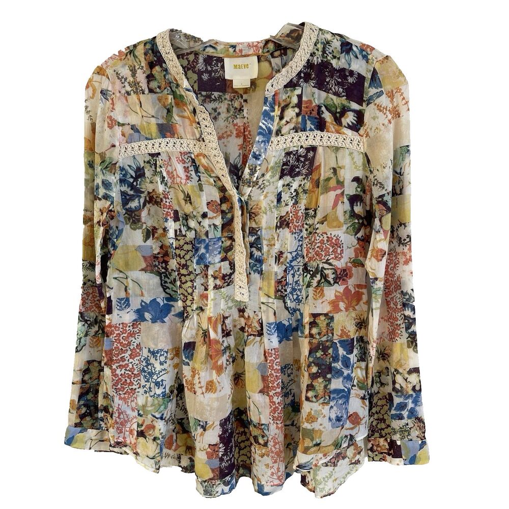 Anthropologie Maeve Patchwork Crochet Trim Top Boho Cottagecore Fairy Size 0